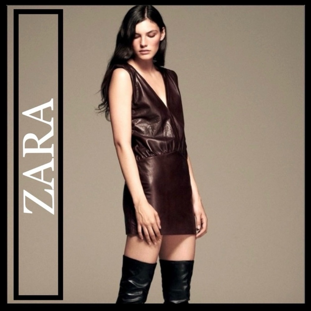 Zara Genuine Leather Mini Dress Brown Sheep | Size M